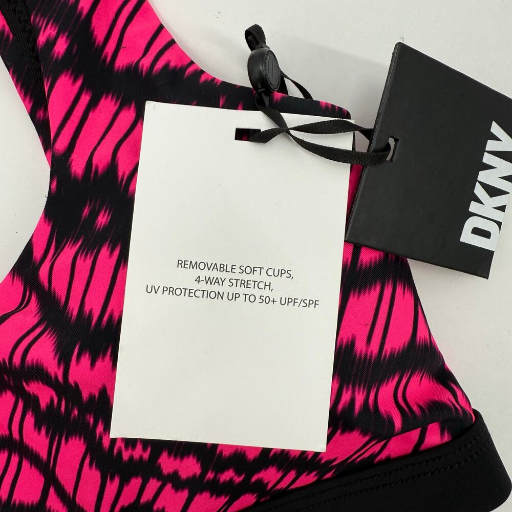 DKNY Bikini Top Size Medium NWT Printed Square Neck Hot Pink Black Swim Sporty - Picture 6 of 13